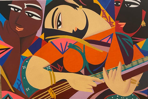 Abedheera 'Music Maker' acrylic on canvas 60x89cm