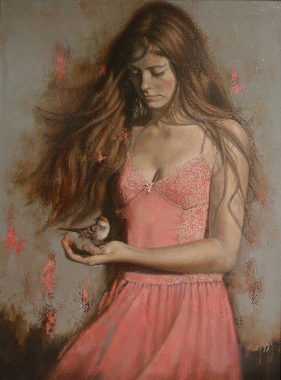 Al Saralis 'Girl with Bird II' oil on canvas 80x60cm
