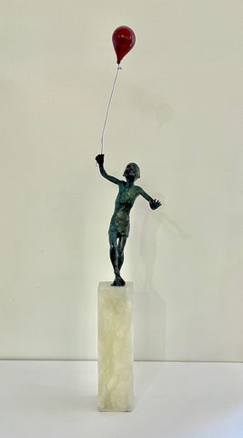 Alison Bell ‘Up and Away’ bronze with glass balloon on alabaster H80cm