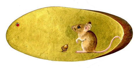 Ann Edwards 'Mouse' British Natural History icon, 22 ct gold leaf and acrylic on Eucalyptus wood 13x28cms