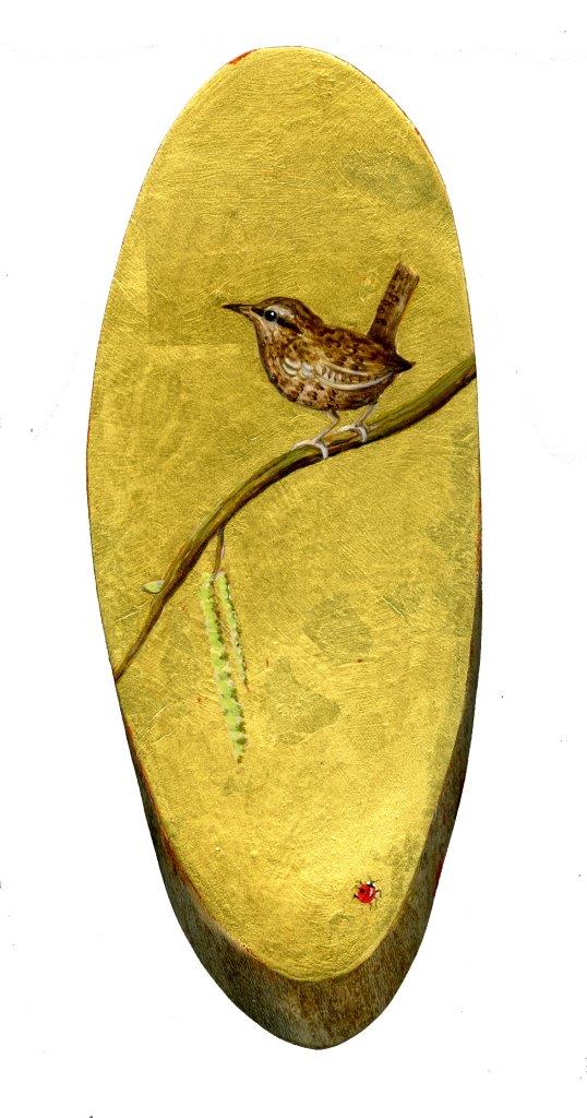 Wren on wooden panel by Ann Edwards at Iona House Gallery