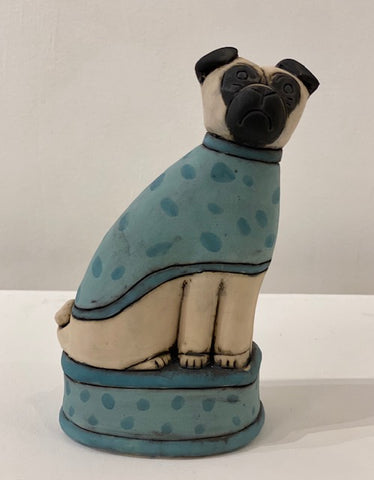 Anna Noel 'Pug with green spot coat' ceramic, Height 17cm x Width 10cm