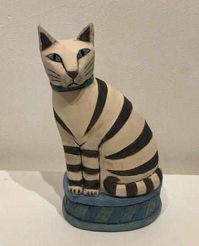 Anna Noel ' Black and White Striped Cat' ceramic H17 W11 D8cms