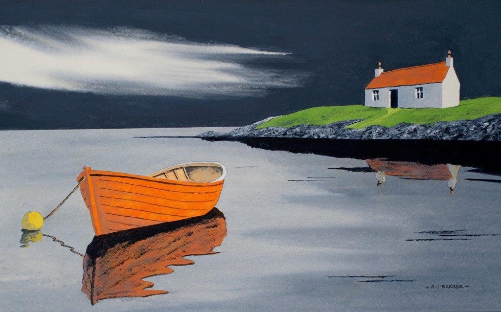 Orange boat reflecting in a loch with an orange roofed croft in the mid-ground by Anthony Barber at Iona House Gallery