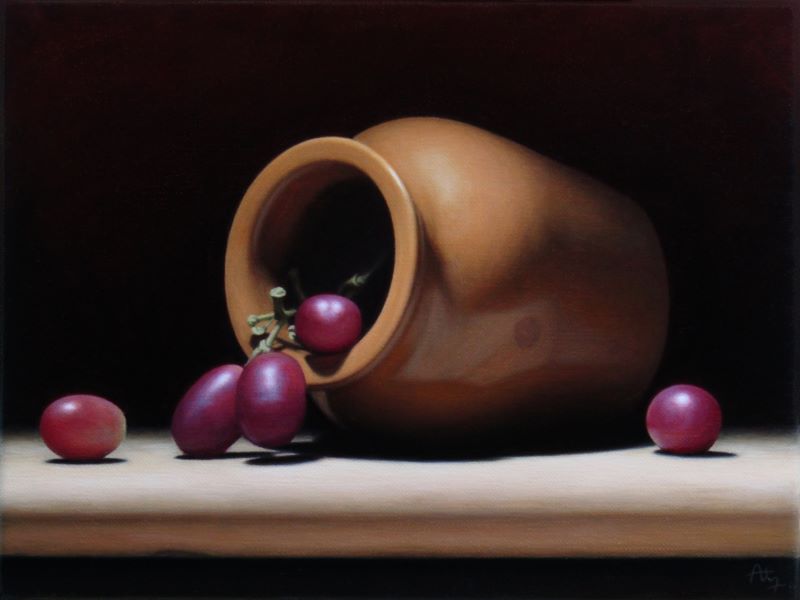 Anthony Ellis 'Still Life with Orange Vase and Red Grapes' oil on canvas 18x24cm