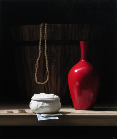 Anthony Ellis 'Still Life with Wooden Bowl and Red Vase' oil on canvas 60x50cm