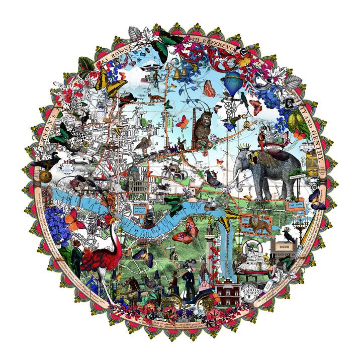Multi-coloured map of London with animals by Kristjana Williams at Iona House Gallery