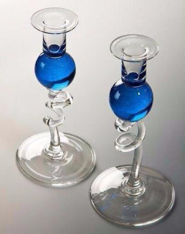Bob Crooks Pair of Blue Glass Candlesticks