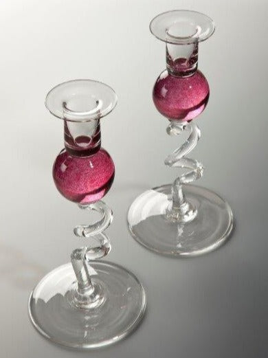 Bob Crooks Pair of Cranberry Glass Candlesticks