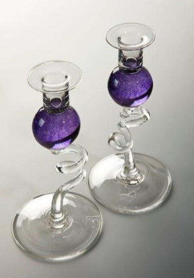 Bob Crooks Pair of Purple Glass Candlesticks