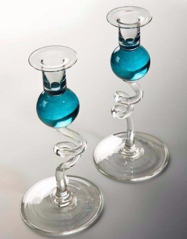 Bob Crooks Pair of Turquoise Glass Candlesticks