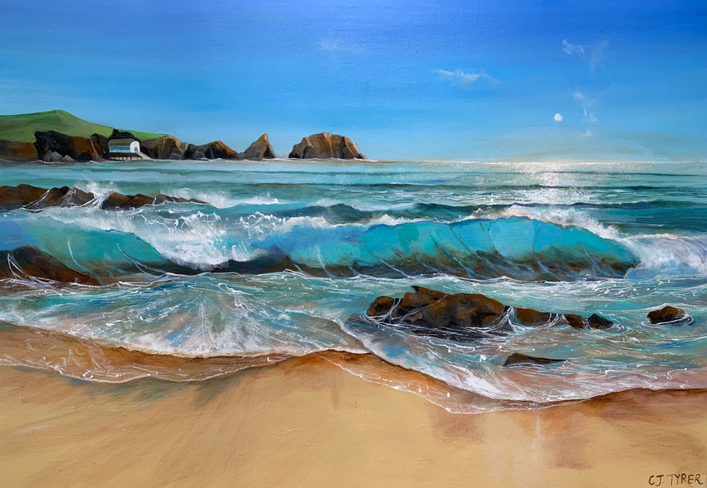 Vibrant seascape of waves and rocks by Carolyn Tyrer at Iona House Gallery