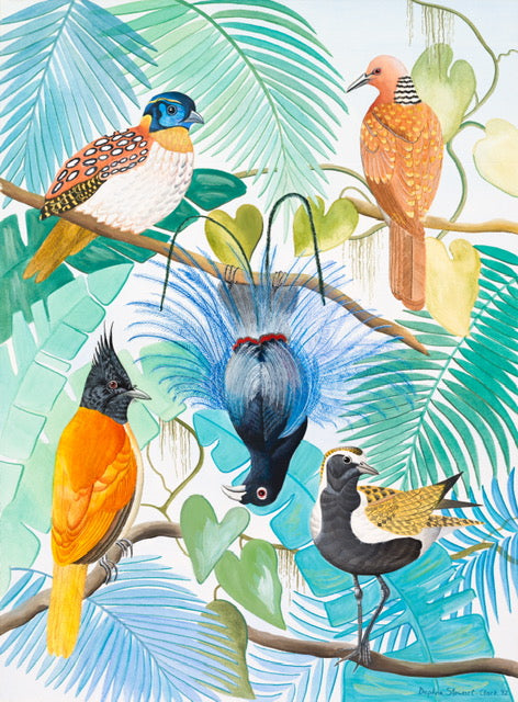 Colourful bird print by Daphne Stephenson at Iona House Gallery