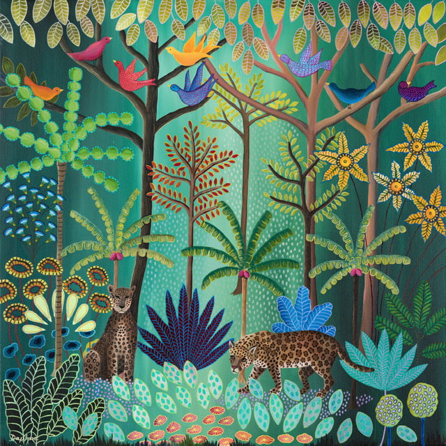 Leopards in a green jungle with bright foliage by Daphne Stephenson at Iona House Gallery