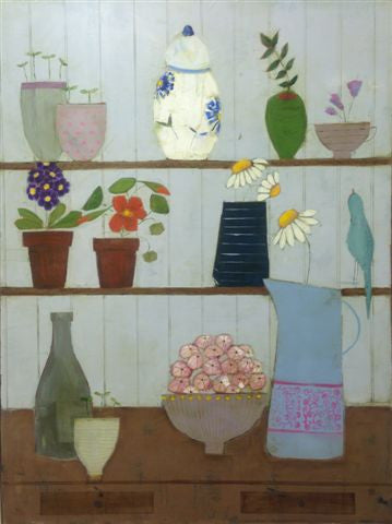 Eithne Roberts 'Songbird and Flower Pots' oil on canvas 80x60cm