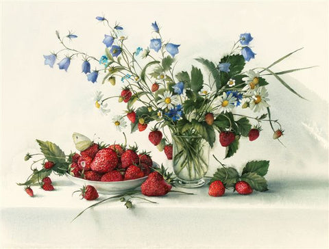 Elena Bazanova 'Wild Strawberries with Daisies & Harebells' Ltd Edition Giclée Print 41x54cm