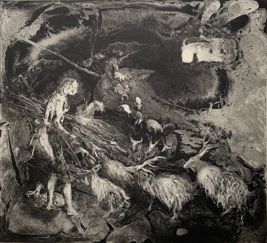 Rural scene with goats and house by Flora Mclachlan at Iona House Gallery