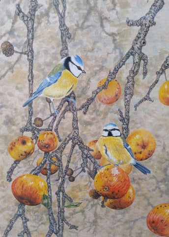 Gary Woodley 'Blue Tits' 58x48cm Gouache on Indian grass paper