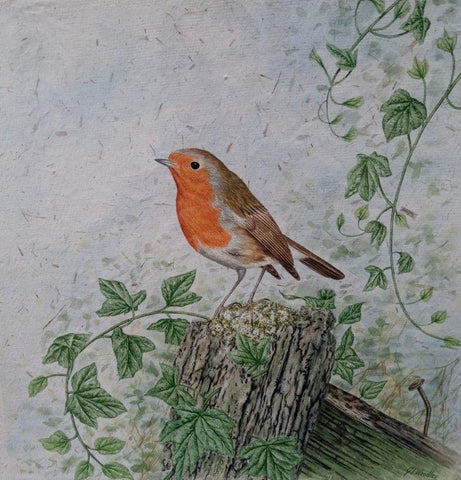 Gary Woodley 'Robin' 49x49cm Gouache on Indian grass paper
