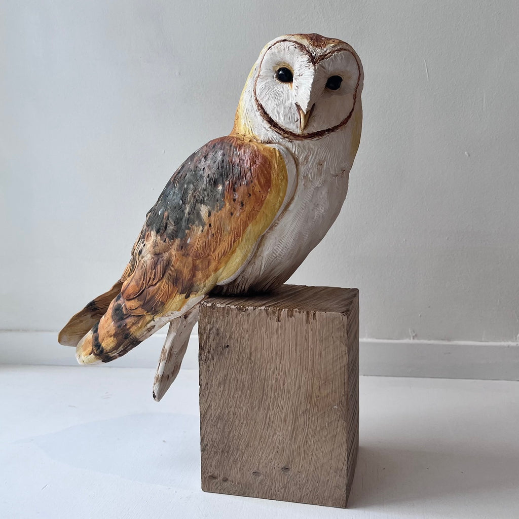 Karen Fawcett 'Barn Owl' ceramic on wood 33x23x10cm