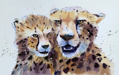 Jake Winkle 'Cheetah and Cub' watercolour 48x33cm