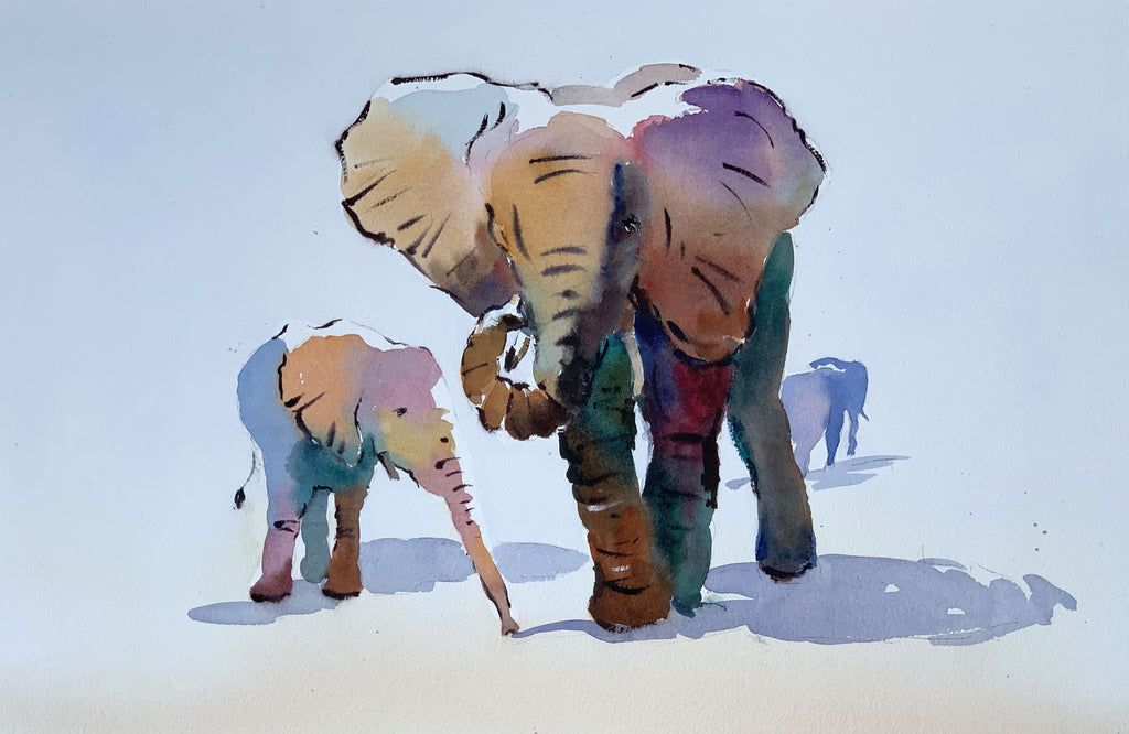 Jake Winkle 'Elephant with her Baby' watercolour 48x33cm