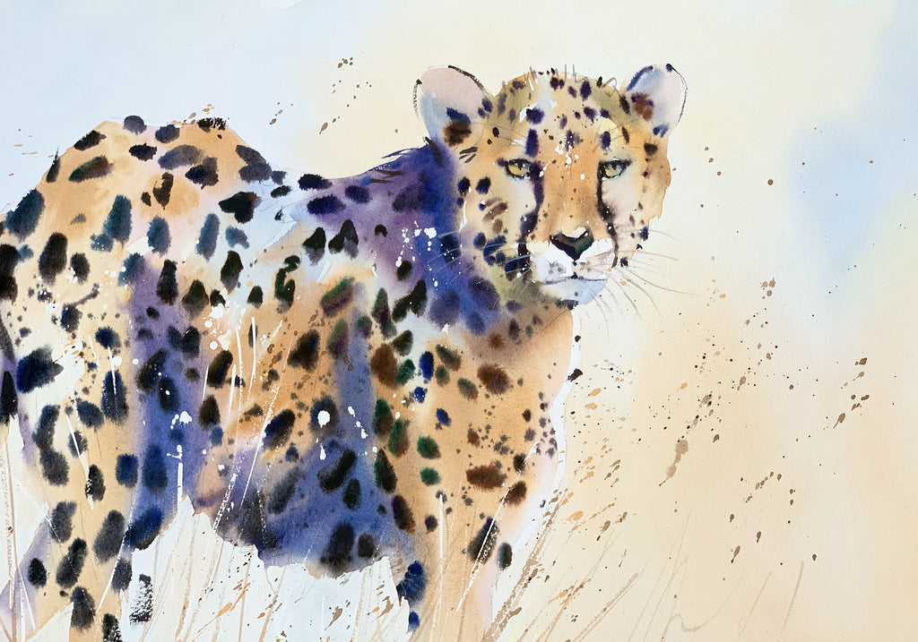 Jake Winkle 'Watching Cheetah' watercolour 48x33cm
