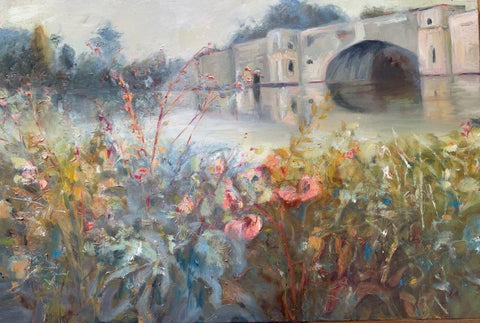 Jane Duff 'A Profusion of Pinks under Vanburgh Bridge, Blenheim' oil on canvas 45x70cm