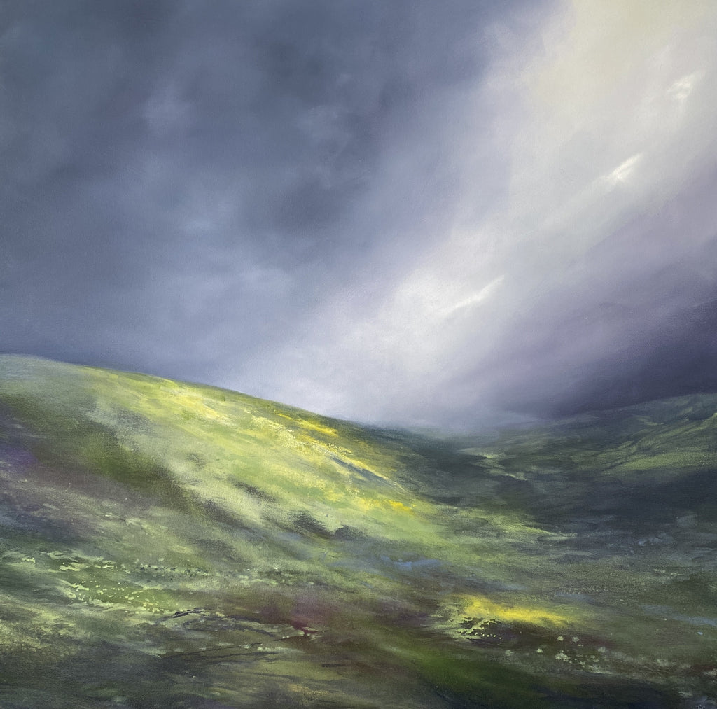 Original oil painting by Jane McMillan depicting a Scottish hillside with dark cloud above