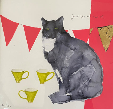 Janice Gray RSW 'Green Tea with the Cat' mixed media on watercolour paper 38x38cm