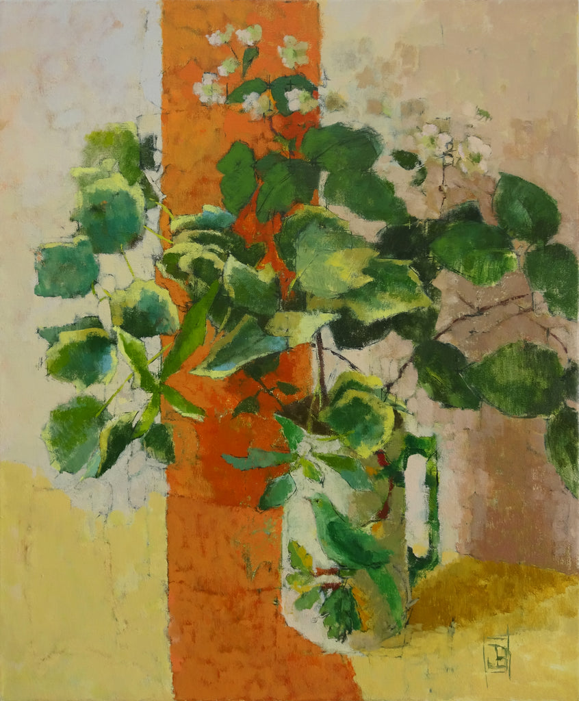 Still life painting of a jug with flora