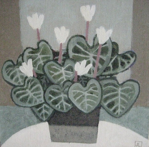 Jill Leman 'Cyclamen' acrylic on board 20x20cm