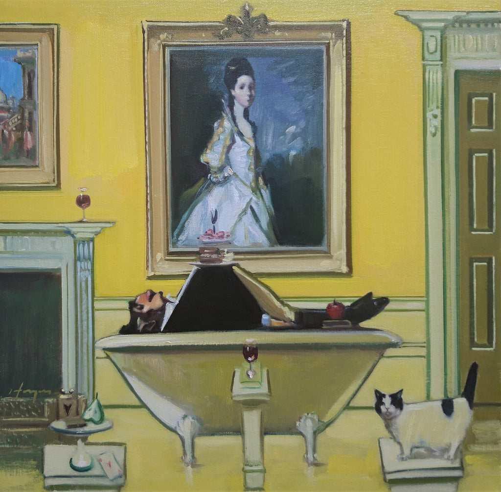 The pompous character 'Sniffy' the curator lying prostrate on top of roll top bath with glass of wine at his side and cake stand balancing on his rather large stomach! His portly black and white cat standing on a pillar at front of painting, The Duchess is looking down on him from the ochre coloured wall in background. Note Ace of Hearts also in foreground.