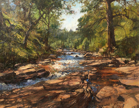 Jonathan Mitchell 'Summer Shadows near Lin of Dee' oil on board 36x45cm (framed 56x65cm)