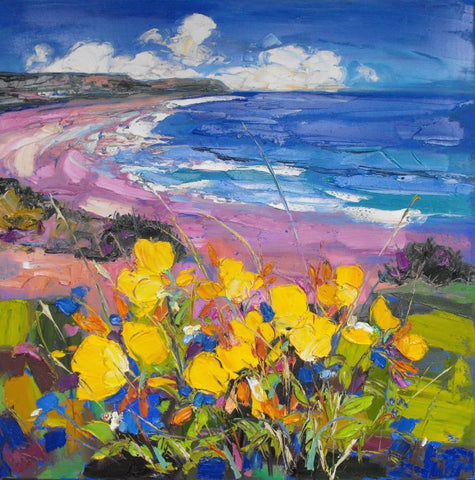 Judith Bridgland 'Evening Primroses, Port Eynon' oil on linen 81x81cms