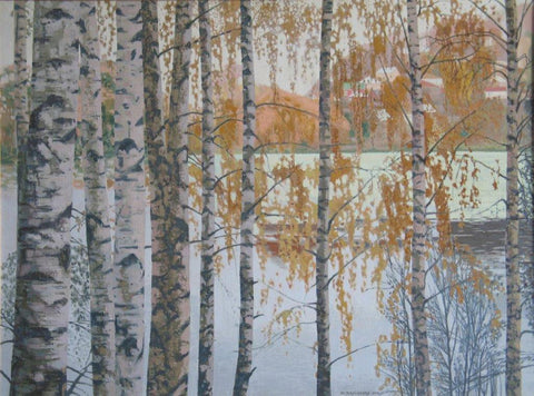 Julia Valtsefer 'Birch Grove' acrylic on canvas 75x100cm
