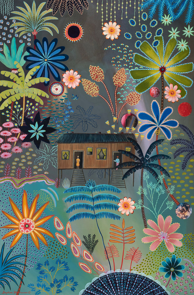 hut with jungle foliage in bright colours by Daphne Stephenson at Iona House Gallery