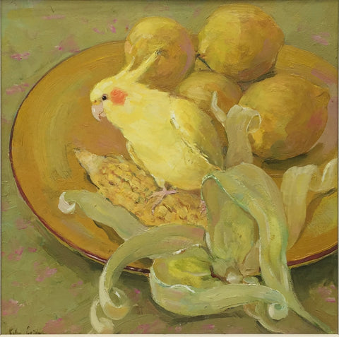 Katya Gridneva 'Still life with parrot' oil on board 41x41cm