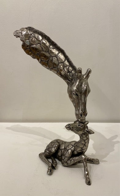 Keith Sherwin 'Giraffe and Baby' H37cm D15cm W23cm nickel resin