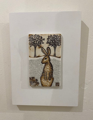 Lesley Nason 'Hare sitting up' ceramic wall plaque H22x16cm