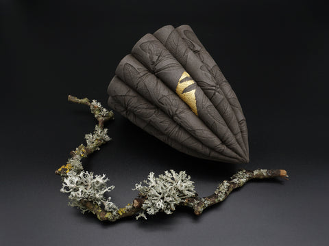 Lisa Ellul 'Dark Leaf Pod' ceramic and 24ct gold leaf 15x11cm