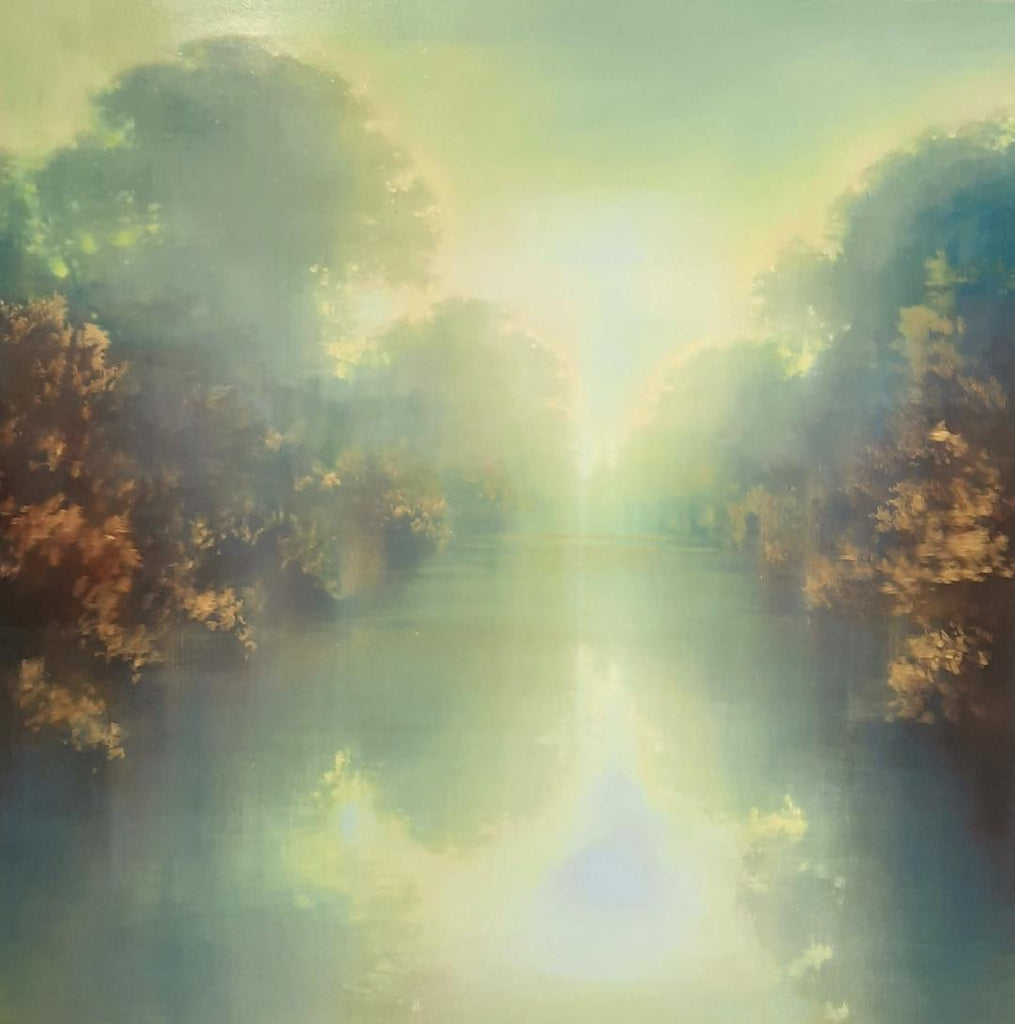 Soft light in this study of trees reflected in water by Louise Fairchild at Iona House Gallery