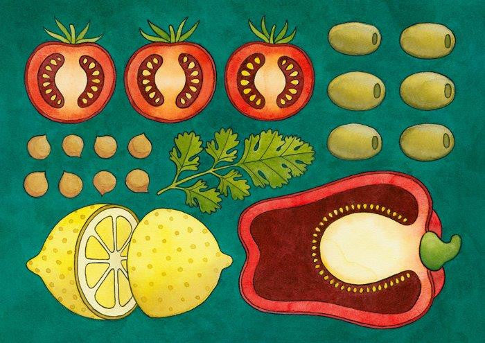 Martha Anne 'chickpea, olive, tomato' watercolour and ink 30x21cm
