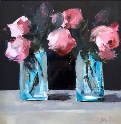 Mary Davidson 'Little Jars of Peonies' oil on board 12x12ins