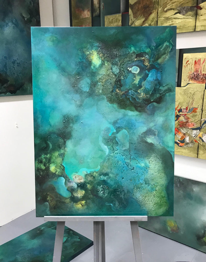 Turquoise abstract painting by Meltem Quinlan at Iona House Gallery
