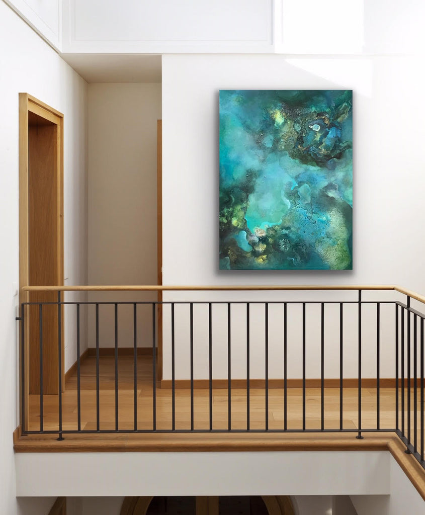 Turquoise abstract painting by Meltem Quinlan at Iona House Gallery