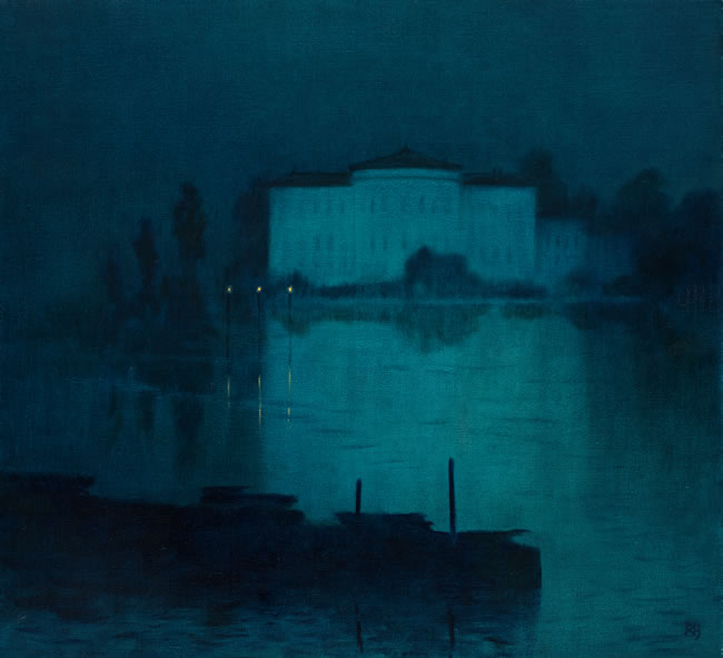 Michael Bennallack  Hart painting of Italian palazzo at night at Iona House Gallery