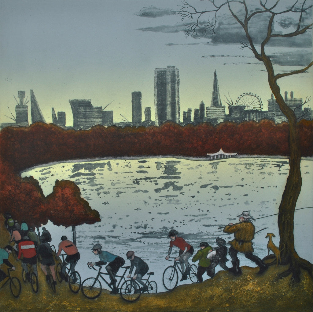 Mychael Barratt 'The Serpentine, Hyde Park - Autumn, after Bruegel' ltd edition etching 50x50cm
