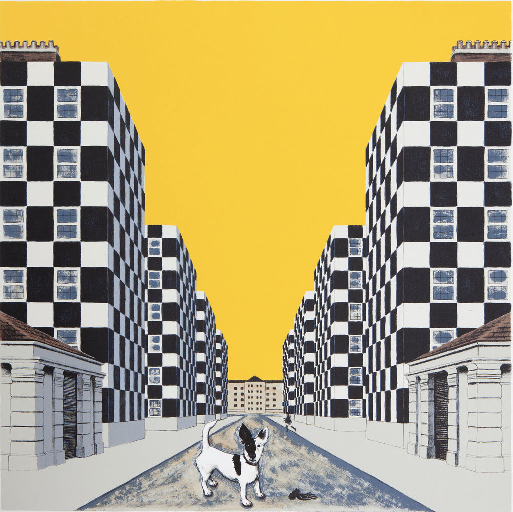 Mychael Barratt 'Wes Anderson's Dog - Page Street' screenprint (framed) 50x50cm