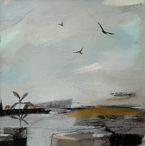 Nicola Durrant 'Above the Marshes, the Wind Drops' mixed media 30x30cm
